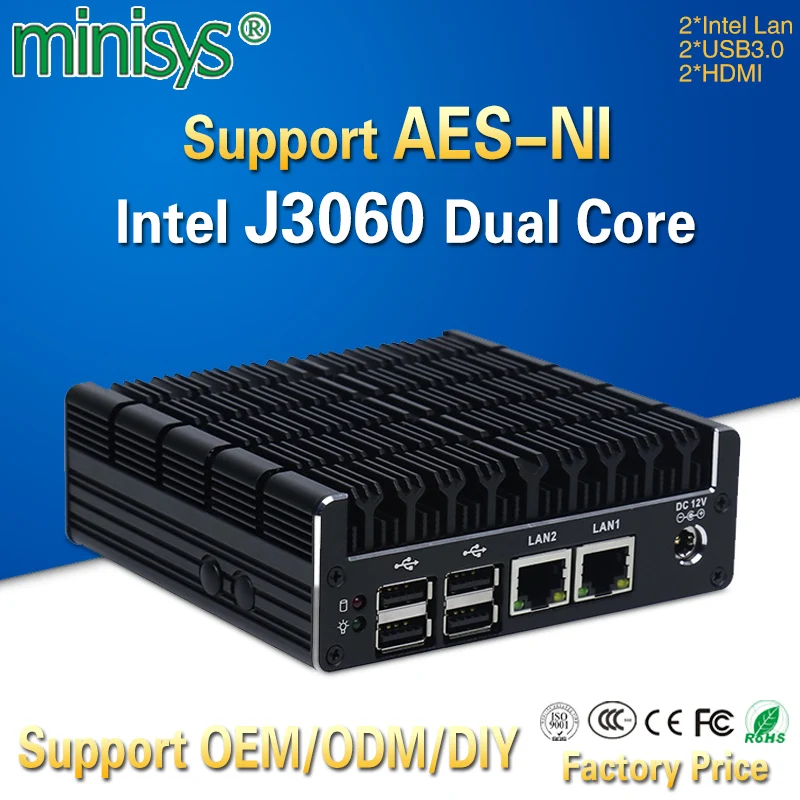 Minisys последние Intel J3060 безвентиляторный мини ПК Двойной гигабитный Lan NUC случае Barebones компьютер Linux Поддержка 2 HDMI AES-NI Pfsense VPN