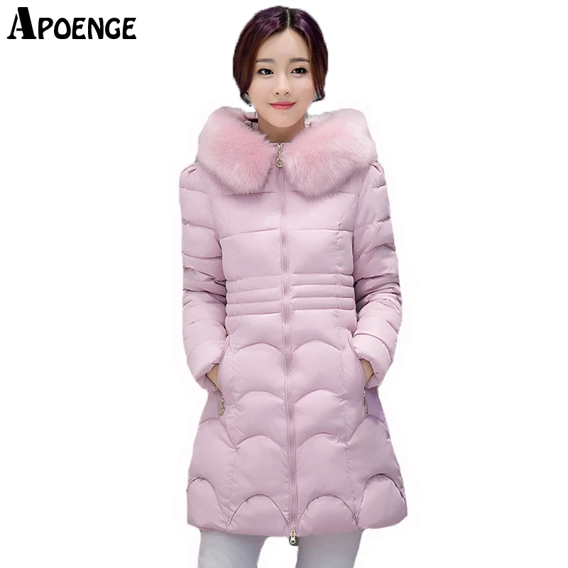 

APOENGE 2017 Women Clothing Winter Long Hooded Jacket Parka Mujer Slim Warm Fur Collar Cotton Coat Padded Plus Size casaco QN427