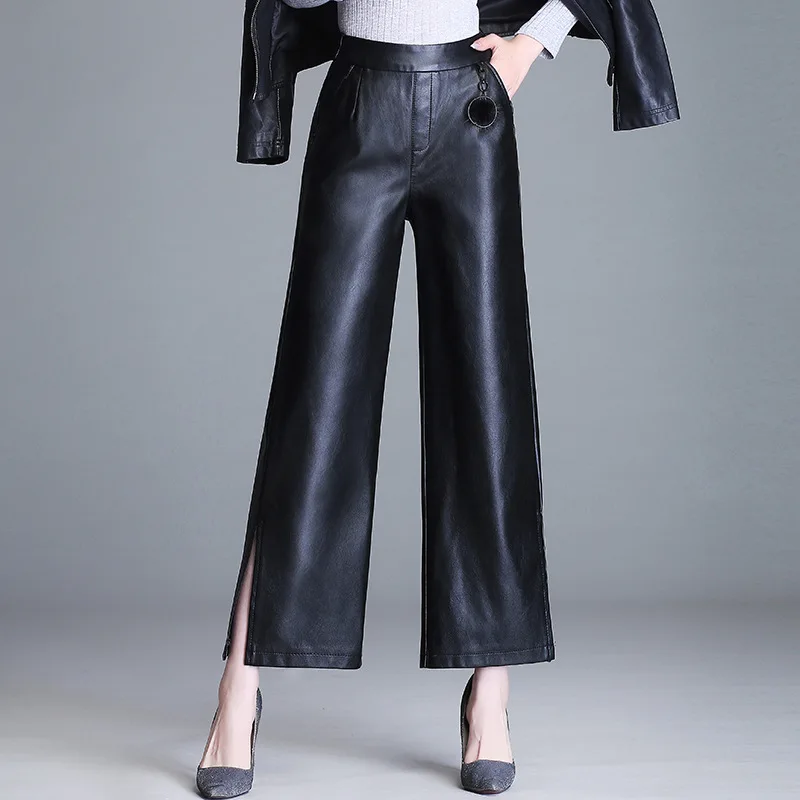 Осенне-зимние штаны из искусственной кожи женские черные эластичные широкие брюки плюс размер 4XL свободное до щиколотки брюки женские Harajuku