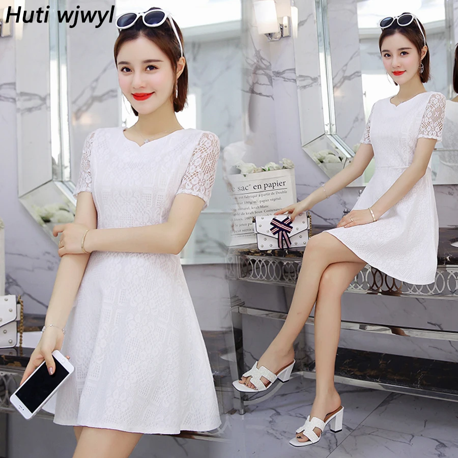 

Plus Size Summer Women Sexy Black Lace Sundress 2019 New Korean Pink Bodycon Mini Dress Elegant Short Sleeve Party White Vestido