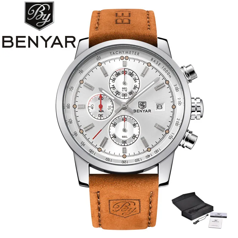 

BENYAR Sport Men Chronograph Quartz Wristwatch Military Date Design Dial Genuine Leather Band Outdoor Cool Watch reloj masculino