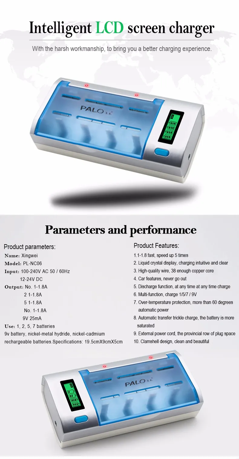 PALO New Rechargeable LCD Display Smart Screen Battery Charger For 1.2v Ni-MH NI-CD AA/AAA/C/D/9V Size Batteries usb charger for smart watch