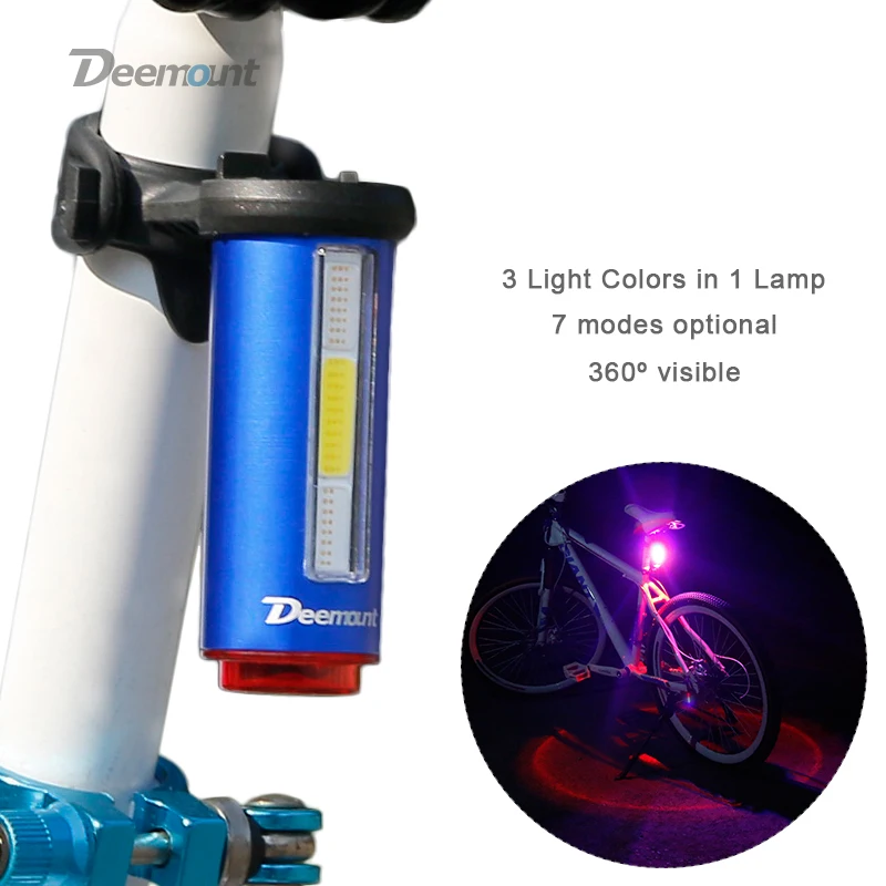 Deemount 새로운 자전거 꼬리 빛 1 개의 램프에있는 3 개의 색깔 LED COB 시각 경고 자전거 후방 손전등 100LM 850aAH 재충전 용