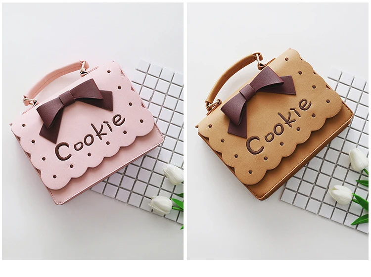 Kawaii Girl Cookie Priting Brown Flap Messenger Bag Bow Lolita Style Pink Handbag Joker Leisure Sweet Scrub PU Shoulder Bag05