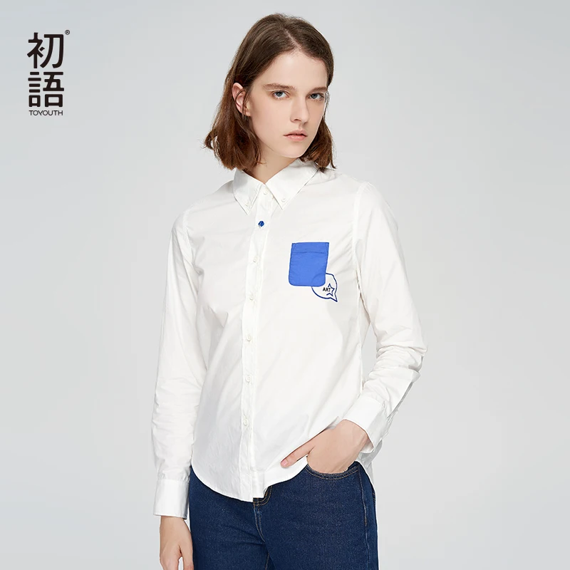 

Toyouth Chic Style Women Office White Shirts Patch Pocket Autumn Blouses Casual Letter Printed Long Sleeve Shirts Female Blusa