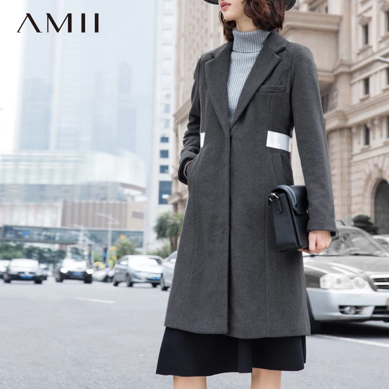 Amii Casual Minimalist Women Woolen Coat 2018 Winter Covered Slim Fit Button Turn-down Collar Female Wool Blends