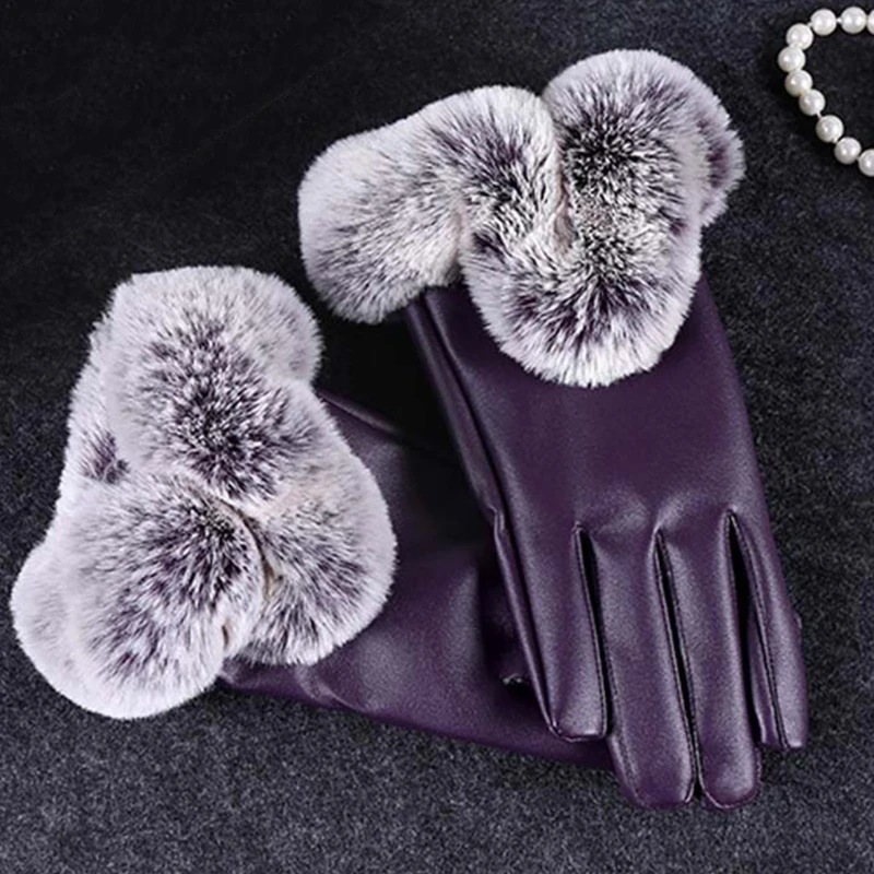 Модные женские сенсорный экран черные кожаные перчатки Зима Осень Теплые кроличий мех варежки
