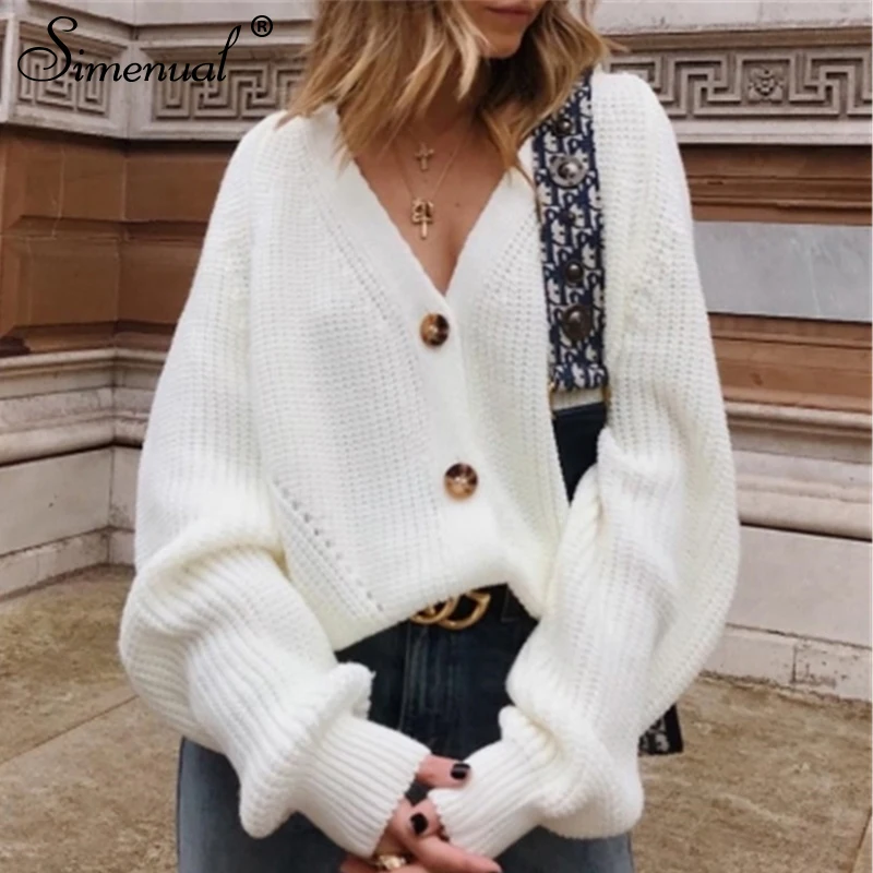 Ceny Simenual Casual Fashion kardigany z dzianiny sweter damski jednolity, w stylu basic jesienne zimowe swetry 2019 długi guzik na rękawie V Neck sweter