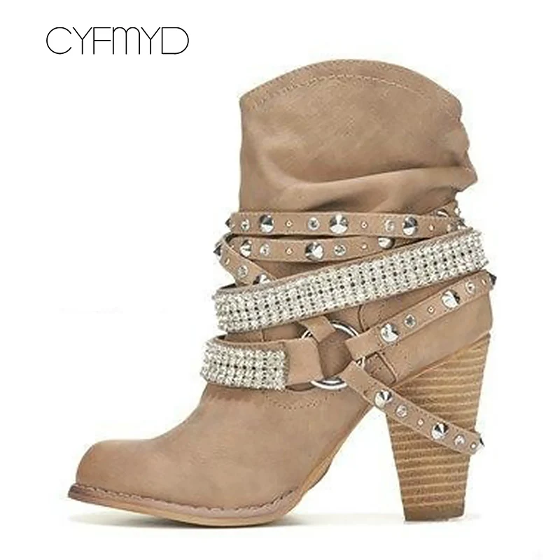 

Women's leather boots rivet crystal big size 4.5-10.5 ankle boot increase round toe spike heel boots 2019 new fashion
