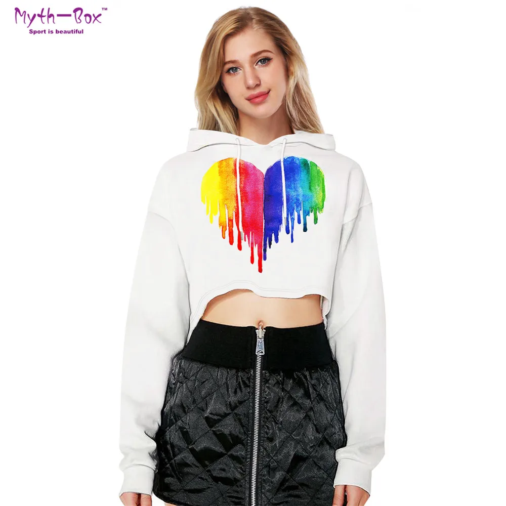 

Women Sports Hoodies Heart-shaped Print Loose Cropped Sweatshirts White Sexy Fitness Hooded Sweater Crop Tops Gym Short Pullover