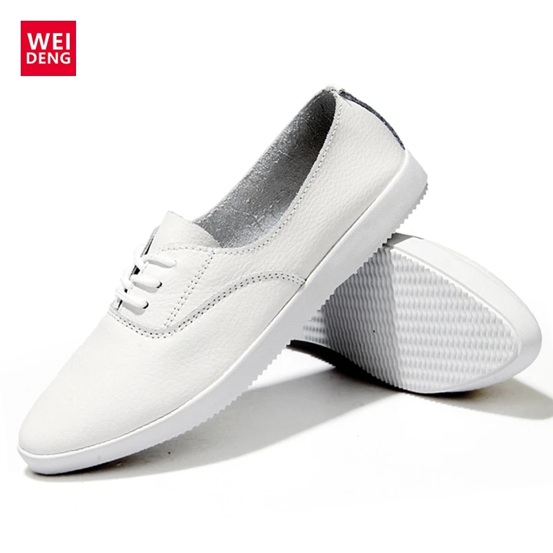 

WeiDeng Genuine Leather Pointed Toe Brogue Flat Shoe Women Preppy Style Casual Ventilation Fashion Leisure White Shoes 2017 New
