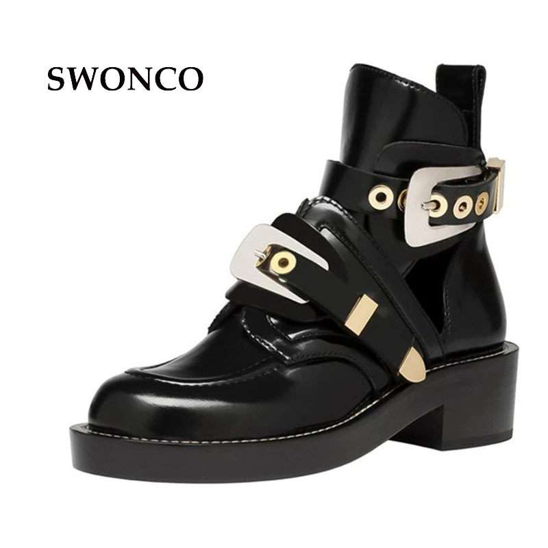 

SWONCO Gold Silver Buckle Ankle Boots For Women Fashion Cut Out Gladiator Low Heel Shoes Motorcycle Boots Spring Autumn Boot