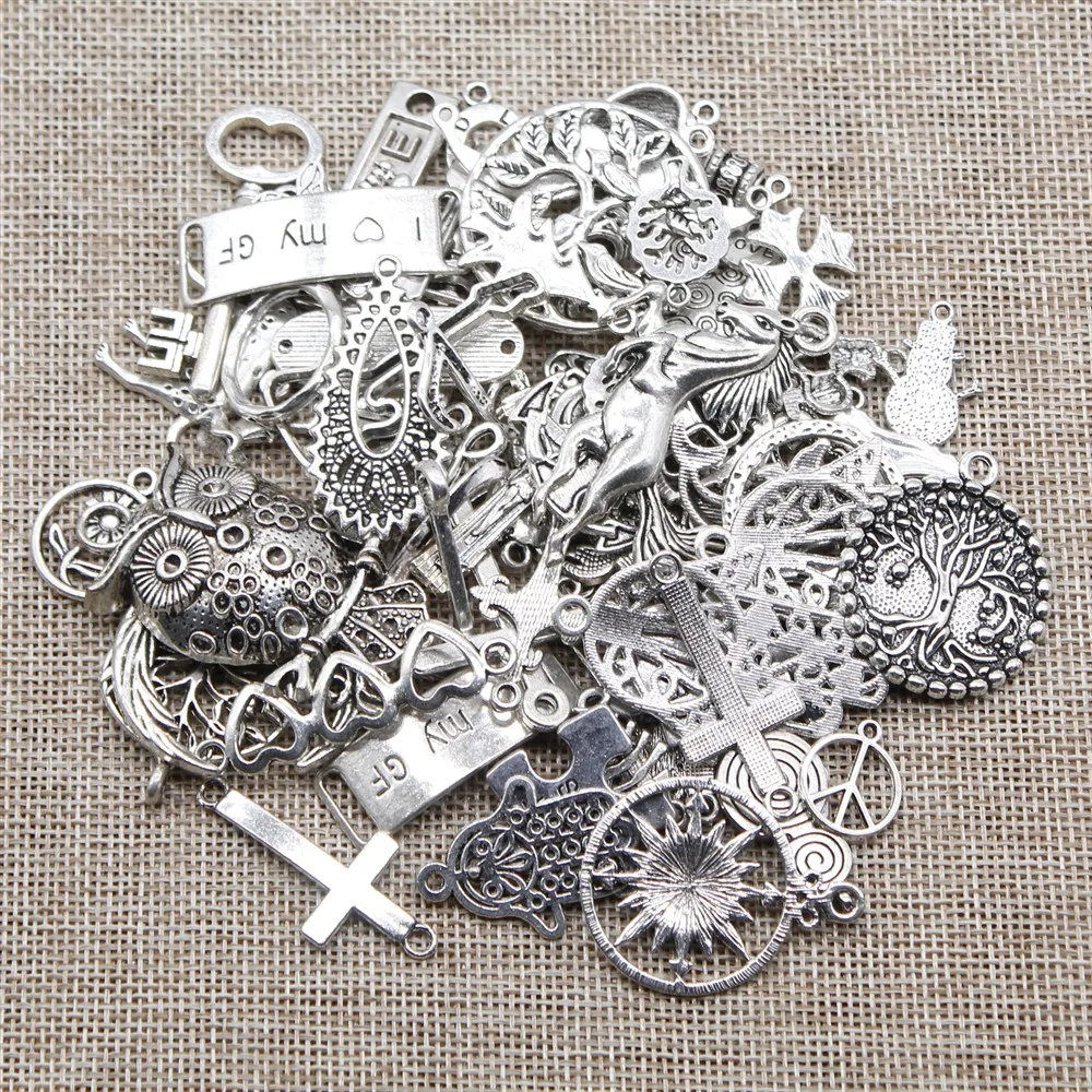 

100Gram Random Mix Styles Flower Leaf Bird Elephant Cat Butterfly Horse Charms Pendant Jewelry Accessories Antique Silver Color