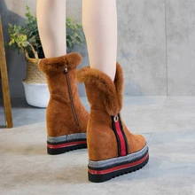 SWYIVY/зимние сапоги на кроличьем меху; женская обувь на платформе с высоким берцем; женская зимняя теплая Повседневная обувь; замшевые зимние сапоги на танкетке 9 см