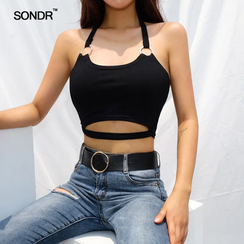 SONDR 2019 Black Halter Hollow Out Tank Top Women Black Backless Cropped Tank Tops Streetwear Sex Hang a neck tie belty SONDR 2019 Black Halter Hollow Out Tank Top Women Black Backless Cropped Tank Tops Streetwear Sex Hang a neck tie belty
