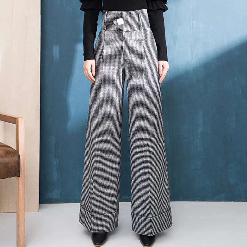 

High Waist Wide Leg Pants Female Autumn and Winter Fall Wool Material Flanging Straight Long Pants Women Plus Size Harajuku