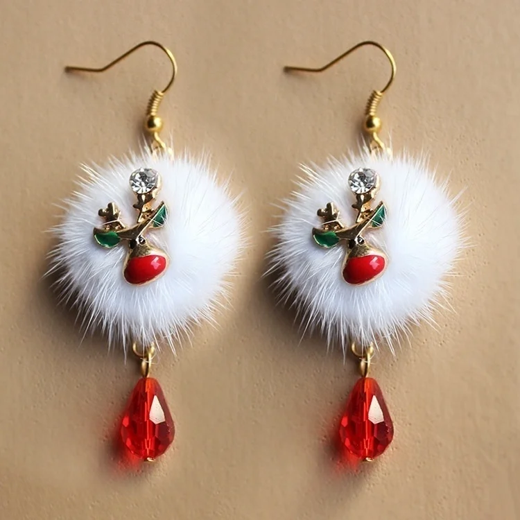 Мода Санта лося милый белый шерстяной шар красный кристалл кулон серьги женский новогодний подарок ювелирные изделия рождественские Модные Серьги