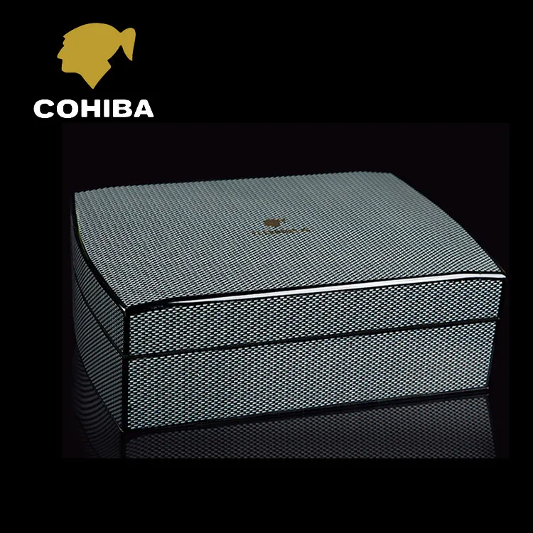 

COHIBA Luxury Black Carbon Fiber Cedar Wood Cuban Cigar Humidor MINI Storage Box with Hygrometer Humidifier