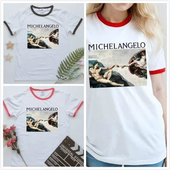 

PUDO-XSX 1pcs Creation of Adam Vintage Aesthetic Ringer Michelangelo Oil Paitting Women T Shirt Streetwear Printed Short Sleeve