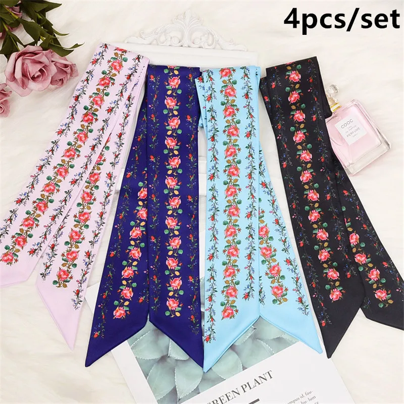 

4pcs/set Small Flowers Print Silk Scarf 2020 New Skinny Scarf For Women Brand Scarf Foulard Fashion Bag Head Scarves For Ladies