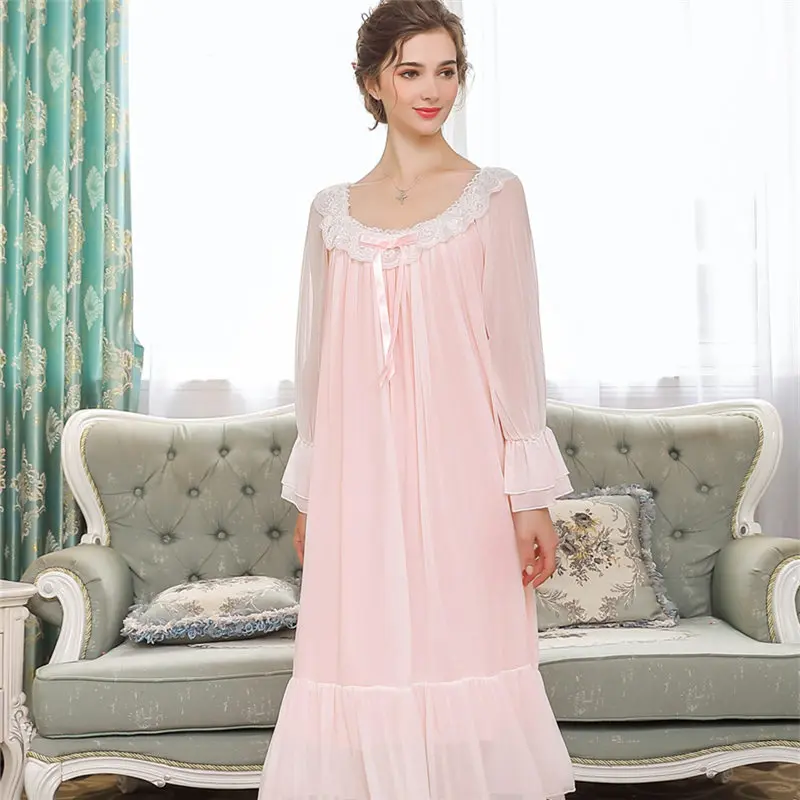 Ночная рубашка в стиле принцессы для свадьбы, Женская Осенняя розовая кружевная ночная рубашка с длинным рукавом, винтажное Ночное платье, домашняя одежда, ночная рубашка T312 - Цвет: Розовый