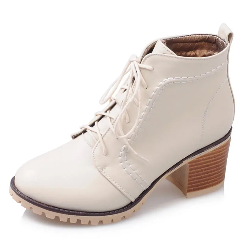 

Size 34-40 new fashion Lacing Small Round Toe Soft leather Thick Square med Heels Velvet cloth pattern Women Ankle Boots T1757