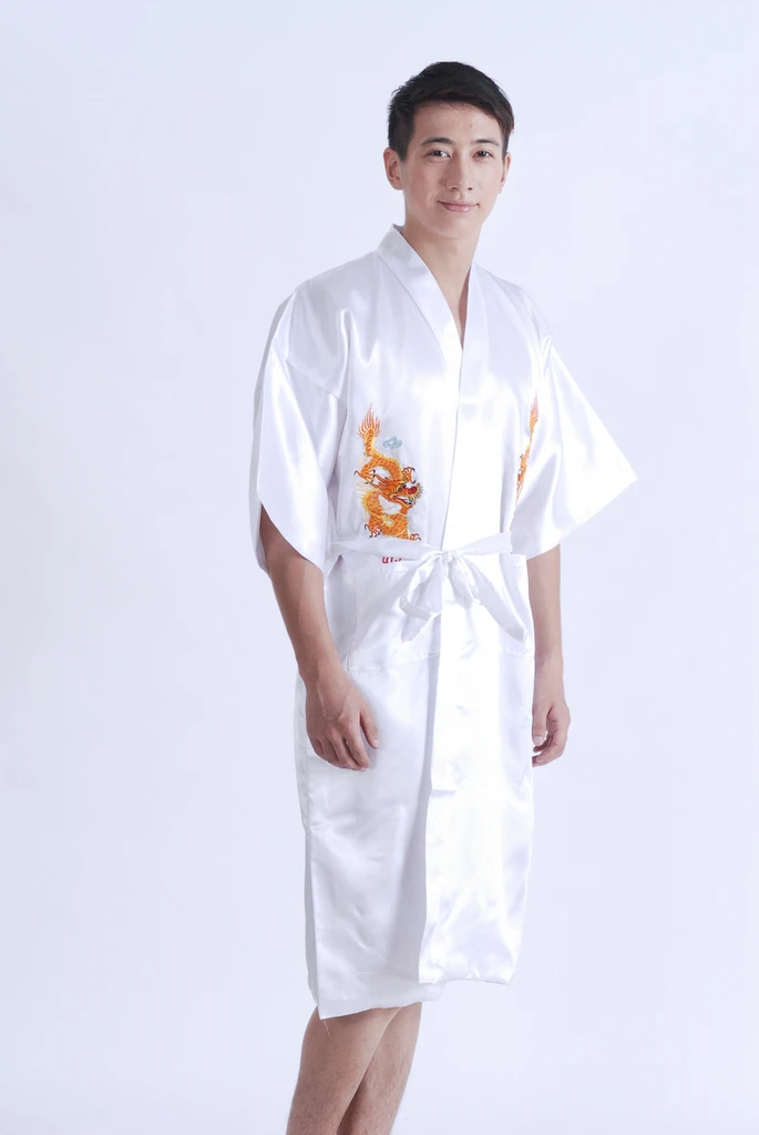 Китайский Для мужчин атласный шелковый халат Вышивка кимоно Для ванной платье Дракон пижамы мужской длинные, пижамы Для ванной одеяние