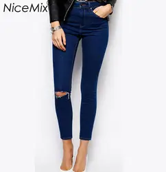 NiceMix 2019 женские узкие брюки-карандаш повседневные рваные джинсы для женщин тонкие с высокой талией синие джинсы женские джинсы Femme