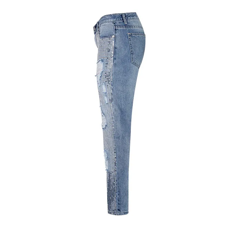 Тренд-сеттер 2018 Весенняя мода Блёстки Рваные джинсы Для женщин отверстие джинсовые ботильоны-Длина Брюки для девочек уличная осенние