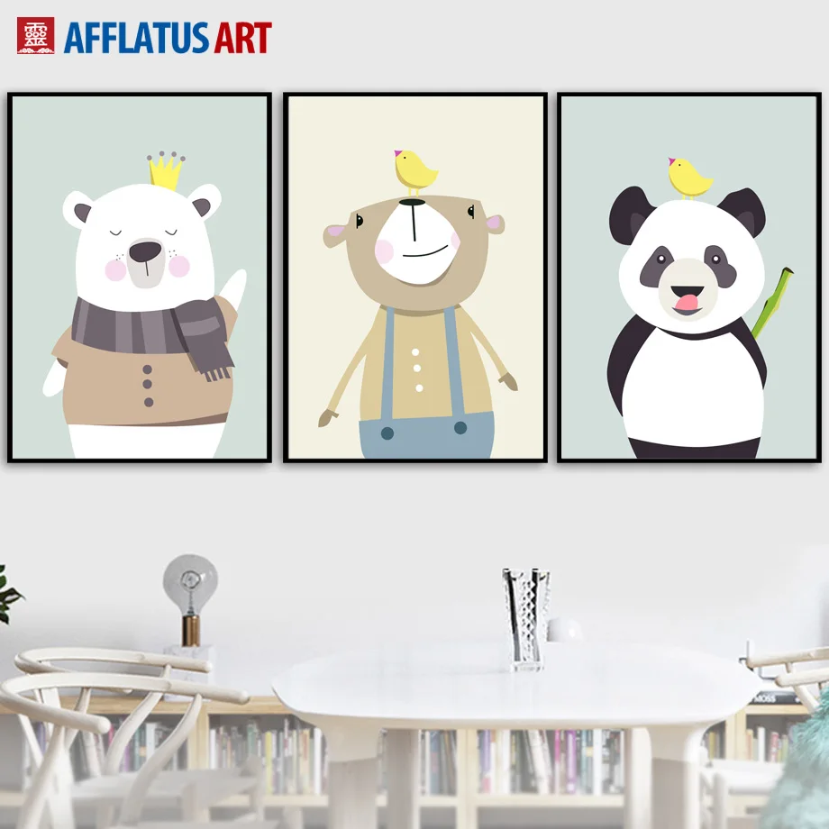 

Cartoon Crown Bear Panda Bird Wall Art Canvas Painting Posters And Prints Nordic Poster Animals Wall Pictures Kids Room Decor