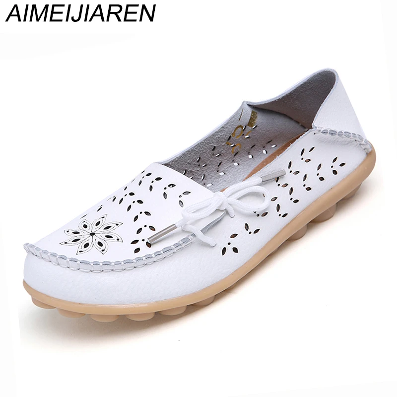

Summer Flat Breathable Punch Women Genuine Leather Shoes Flexible Round Toe Casual Fashion Loafer Shoes Zapatos De Mujer