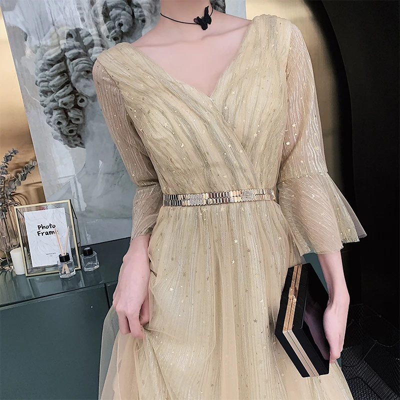 

New golden mid calf flared sleeve lady girl women princess bridesmaid banquet party ball dress gown