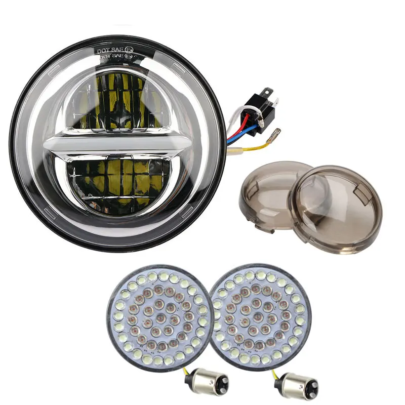 

Motorcycle 5.75 5-3/4" LED DRL Headlight+1157 White/Amber Front Turn Signal+smoke turn signals lens cover for Motorcycle