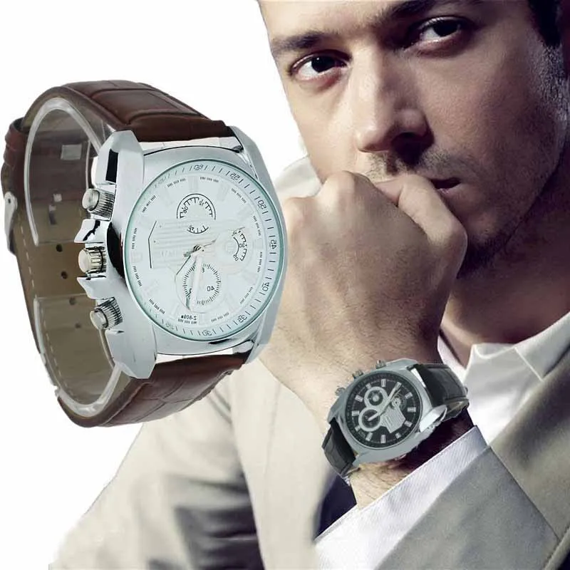 

Watch Men Stainless Steel Case Faux Leather Strap Quartz Analog Wrist Watches Business Brand Luxury Digital Relogio masculino