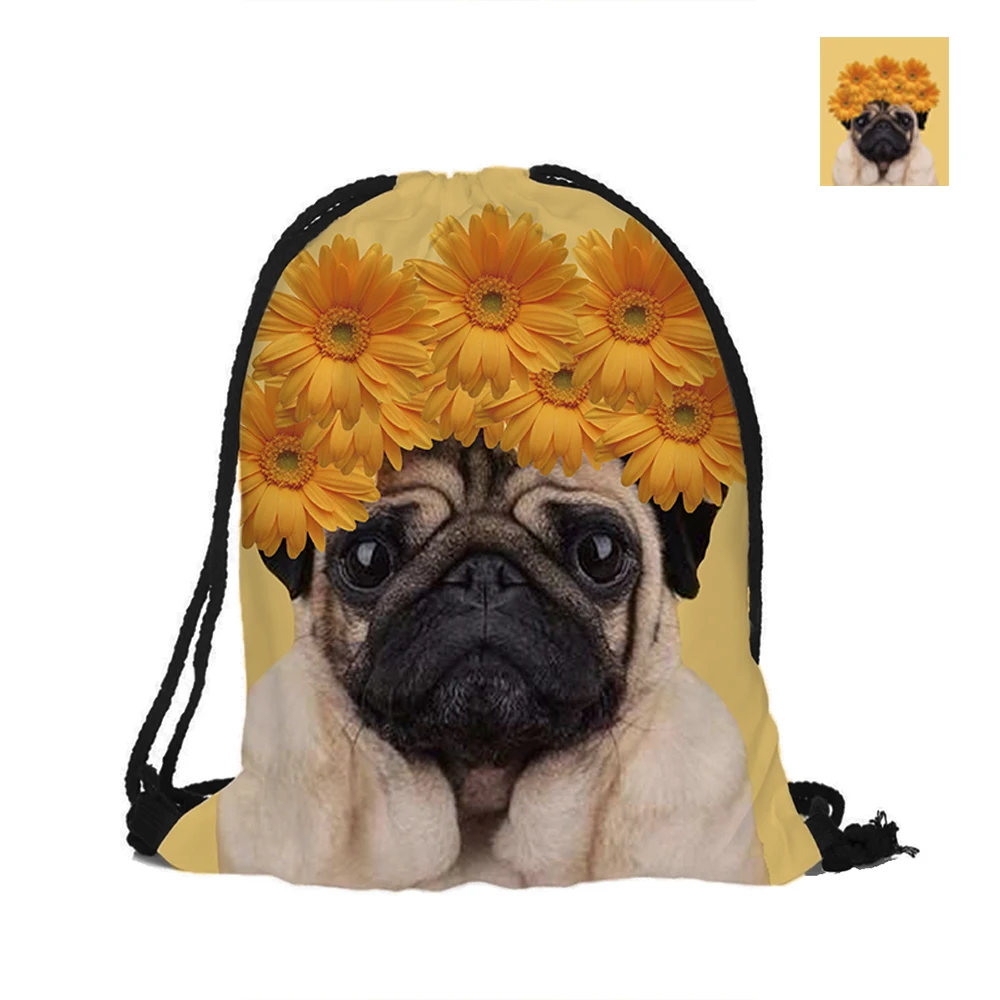 Cute Dog Pug In Chrysanth Printing Drawstring Backpack Novelty Fashion