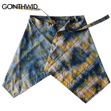 GONTHWID Hip Hop Distressed Tie Dye Plaid Waist Shirts Streetwear Hipster Casual Punk Rock Print Shirts Fashion Shirt Red Yellow