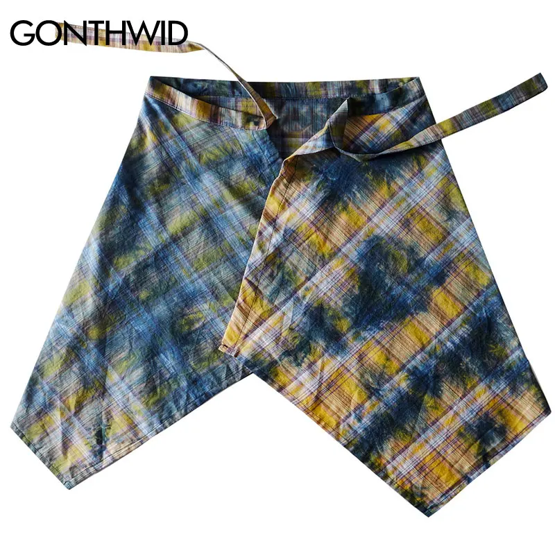 

GONTHWID Hip Hop Distressed Tie Dye Plaid Waist Shirts Streetwear Hipster Casual Punk Rock Print Shirts Fashion Shirt Red Yellow