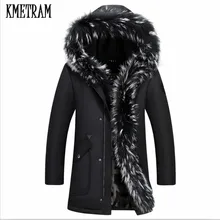 KMETRAM, зимняя мужская куртка, пальто для мужчин, модные пуховики, натуральный мех енота, с капюшоном, мужская верхняя одежда, ветрозащитная, для пар, HH483