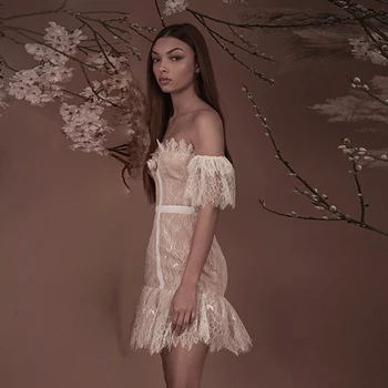 

Women Bandage Dress Lace Strapless Sheath Sexy White Elegant Vintage 2019 Spring Summer Party Dresses