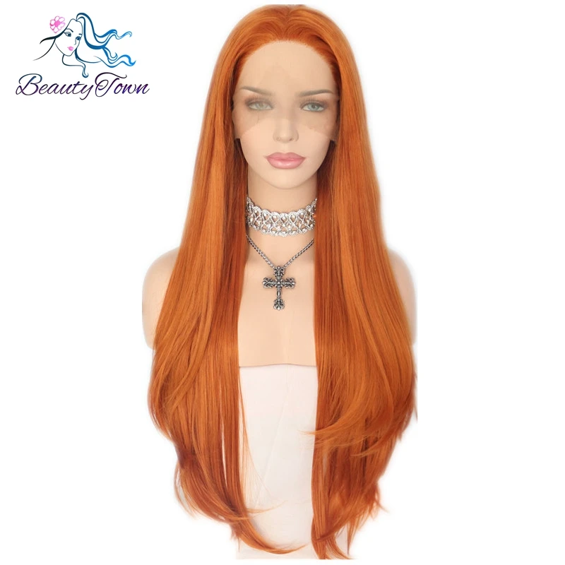 BeautyTown ручная вязка оранжевый слоистых натуральных волос Волнистые Стиль термостойкие синтетические передние кружева Косплей и вечерние парик для женщин