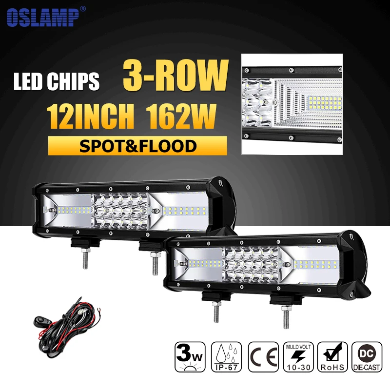 

Oslamp 2PCS 12" 3-row 162W LED Light Bar Offroad Led Bar Combo Beam Led Work Lights DC12v 24v Driving Lamp Truck SUV ATV 4x4 4WD