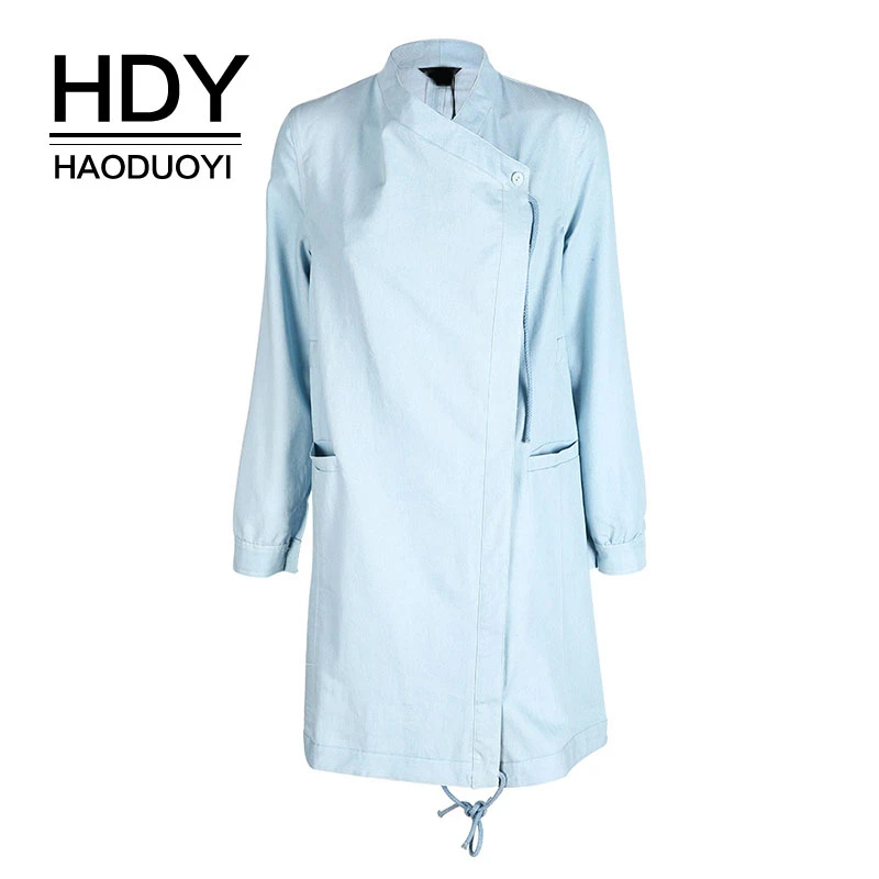 HDY Haoduoyi 2019 Модный женский однотонный осенний плащ голубой тречн в офисном стиле