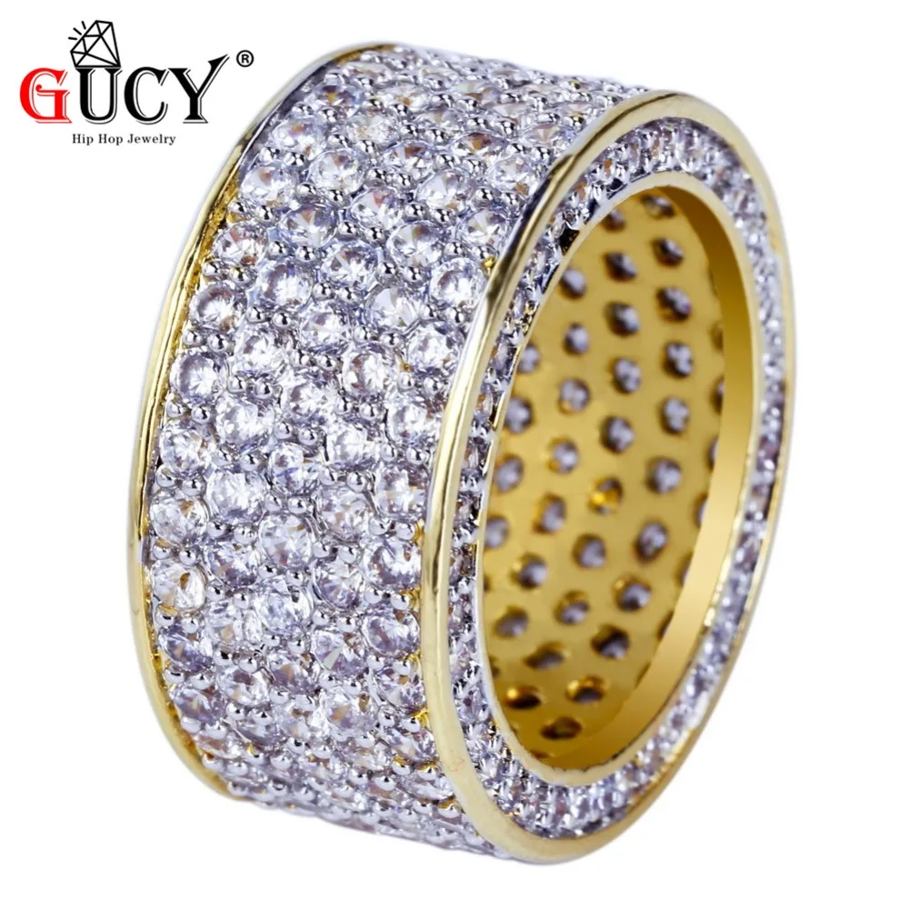 

GUCY New Arrival Hip Hop Fashion Gold Color Plated Micro Pave Cubic Zircon Round Ring Full Iced Out Bling Rock Jewelry For Men
