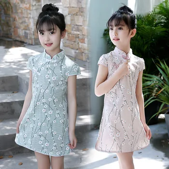 

Wear Girl Cheongsam Embroidered Nation Wind Short Sleeve Cheongsam Pure Cotton Hemp Restore Ancient Ways Children's Day Dress #1