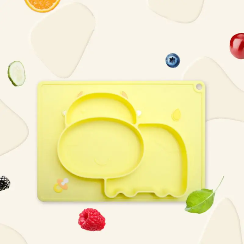 Cartoon Cow Anti Slip Silicone Food Plate Bowl Babies Toddlers Kids Feeding Tray Non-odor Easy Cleaning Household Accessory