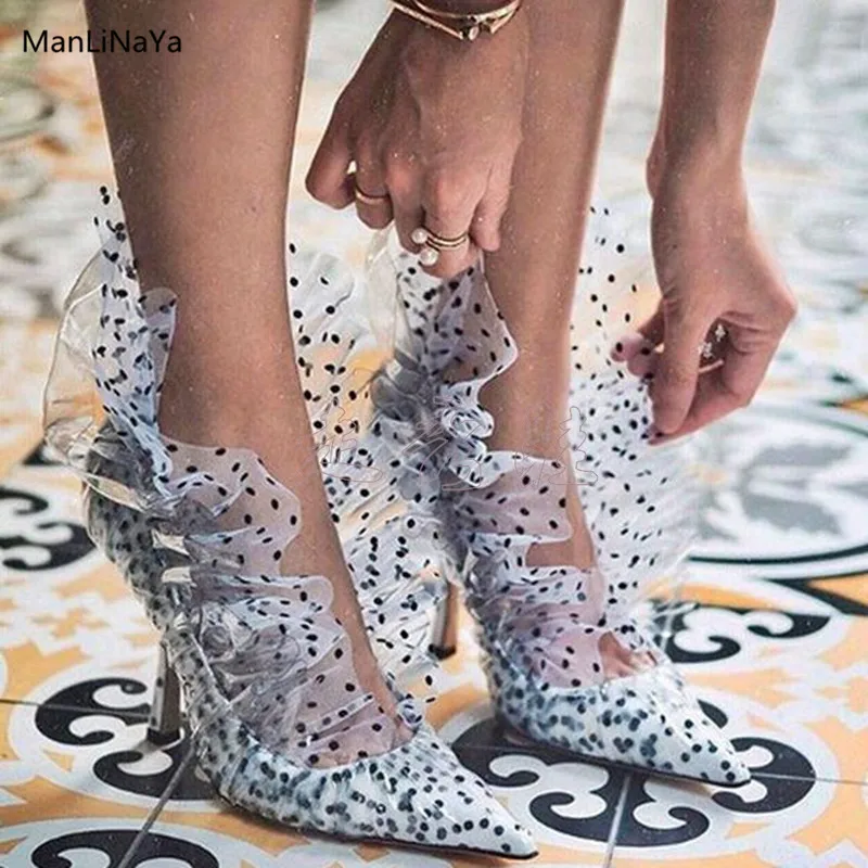 

Strange Style Wavy-spots Women Shoes Pointed Toe Ruffles Sexy Femal High Heels Transparent PVC Runway Women Party Wedding Pumps