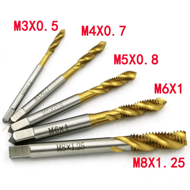 5pcs M3 M4 M5 M6 M8 Spiral Pointed Taps Tapping Thread Forming Tap Titanium Coated Metric Hss Spiral Fluted Machine Screw Tap