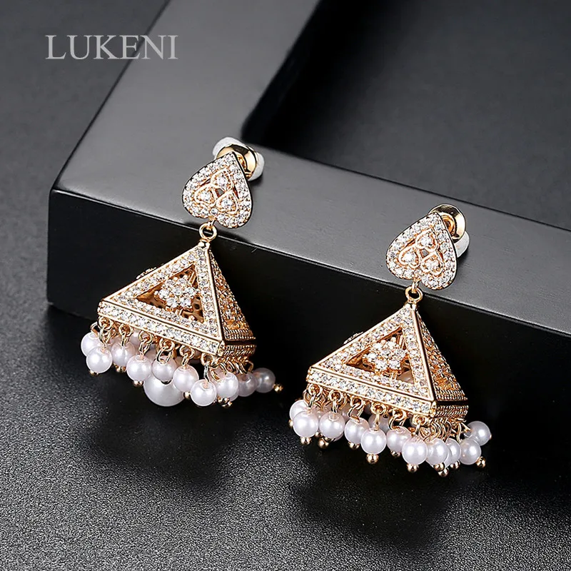 

LUKENI New Arrive Personality White Color AAA Cubic Zircon Creative Tower Shape Champagne Gold Pearl Earrings Fashion Women Jewe