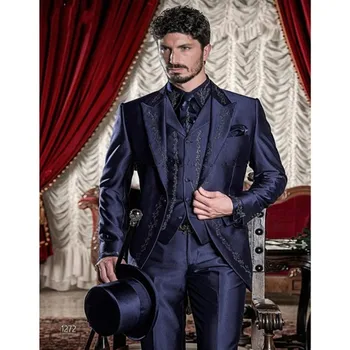 

2018 Custom Made Embroidery Men Suit Set Groom Tuxedos (Jacket+Pants+Vest) Dark Blue Groomsmen Mens Suits For Wedding Prom Stage