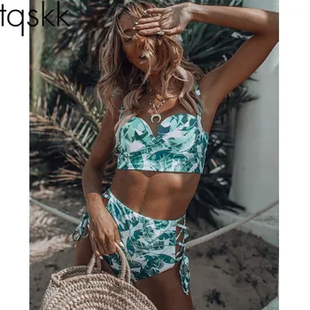 

TQSKK 2019 New Sexy Push Up High Waist Swimwear Women Swimsuit Bandage Bikini Set Leaf Print Padded Biquini Maillot de bain S-XL